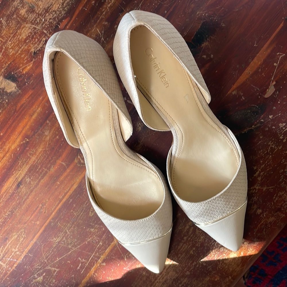 Calvin Klein snake print d'orsay style stiletto with gold accent